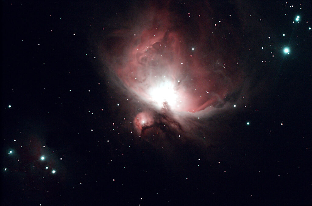 The Great Orion Nebula, M42, visible to the naked eye in the middle of Orion's belt but long exposures and filters bring out the detail in the clouds of star forming gas clouds.

Image credit: Danny Thomas